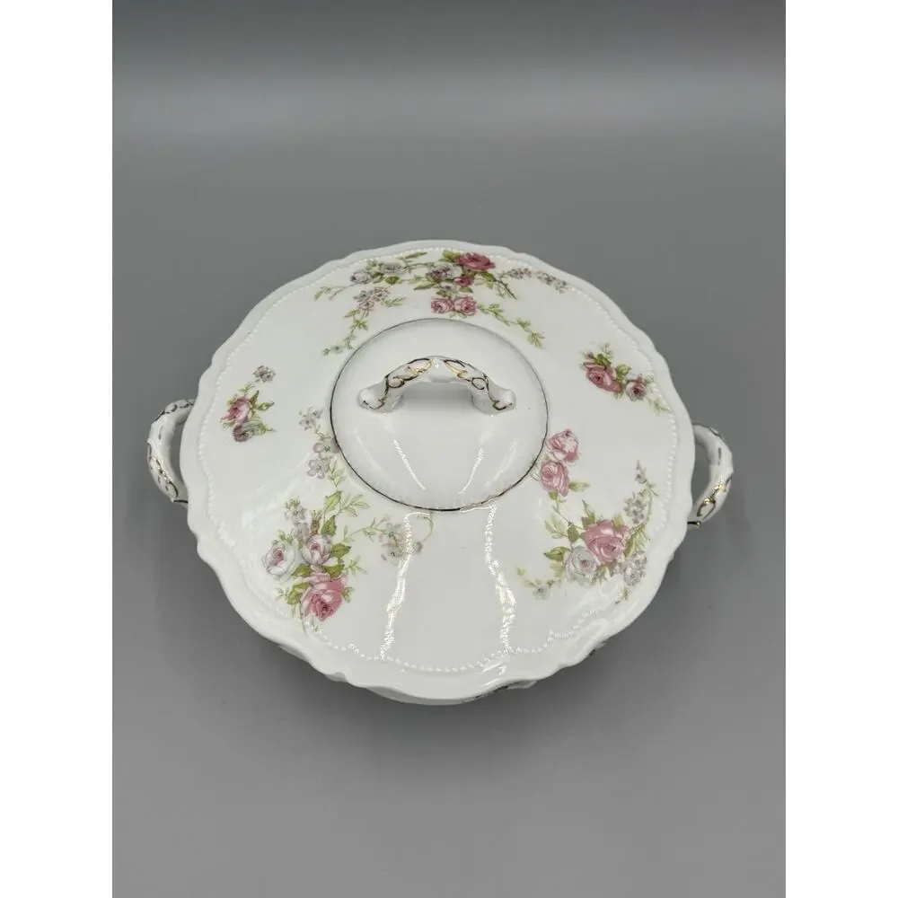 Royal Austria Covered Soup Tureen Pink Floral Scalloped Gold Colored Trim